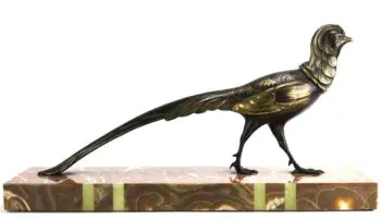 Art Deco beeld goudfazant – Salvatore Melani (1902–1934) – brons op marmer – detailfoto