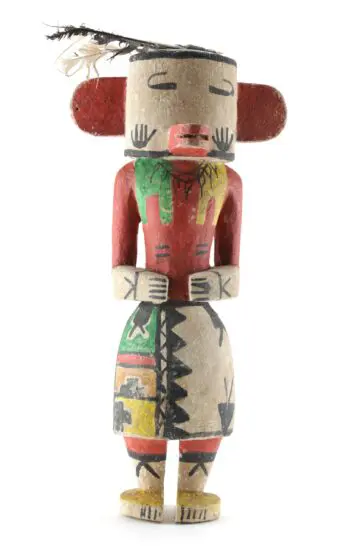Hopi Hemis kachina (variant) met handafdrukken en originele veer – 38 cm – detailfoto