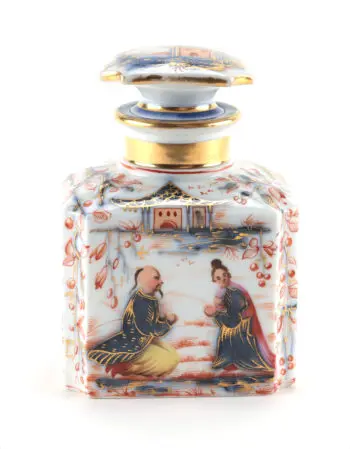 Porseleinen theebus – Frans Samson – eind 19e eeuw – Imari decor – verguld – oosterse figuren – detailfoto