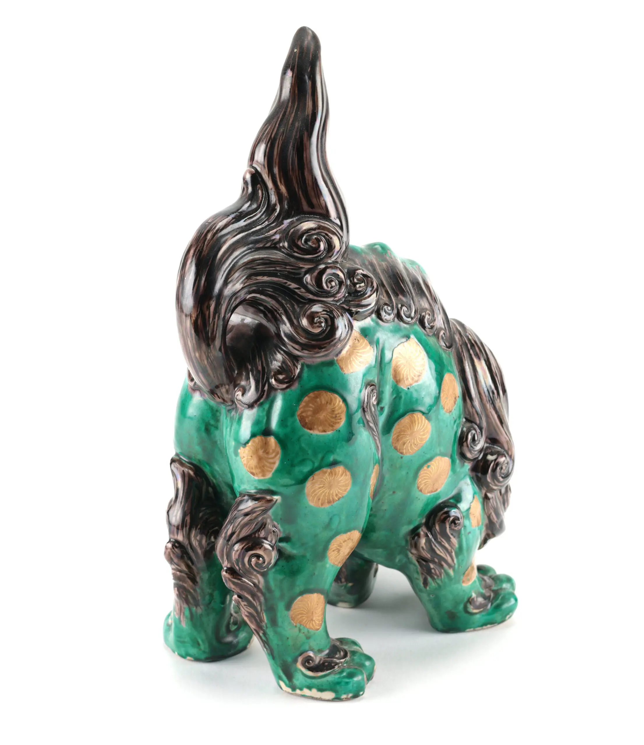 Paar Japanse Kutani foo dogs – 19e eeuw – groen en goud glazuur – detailfoto