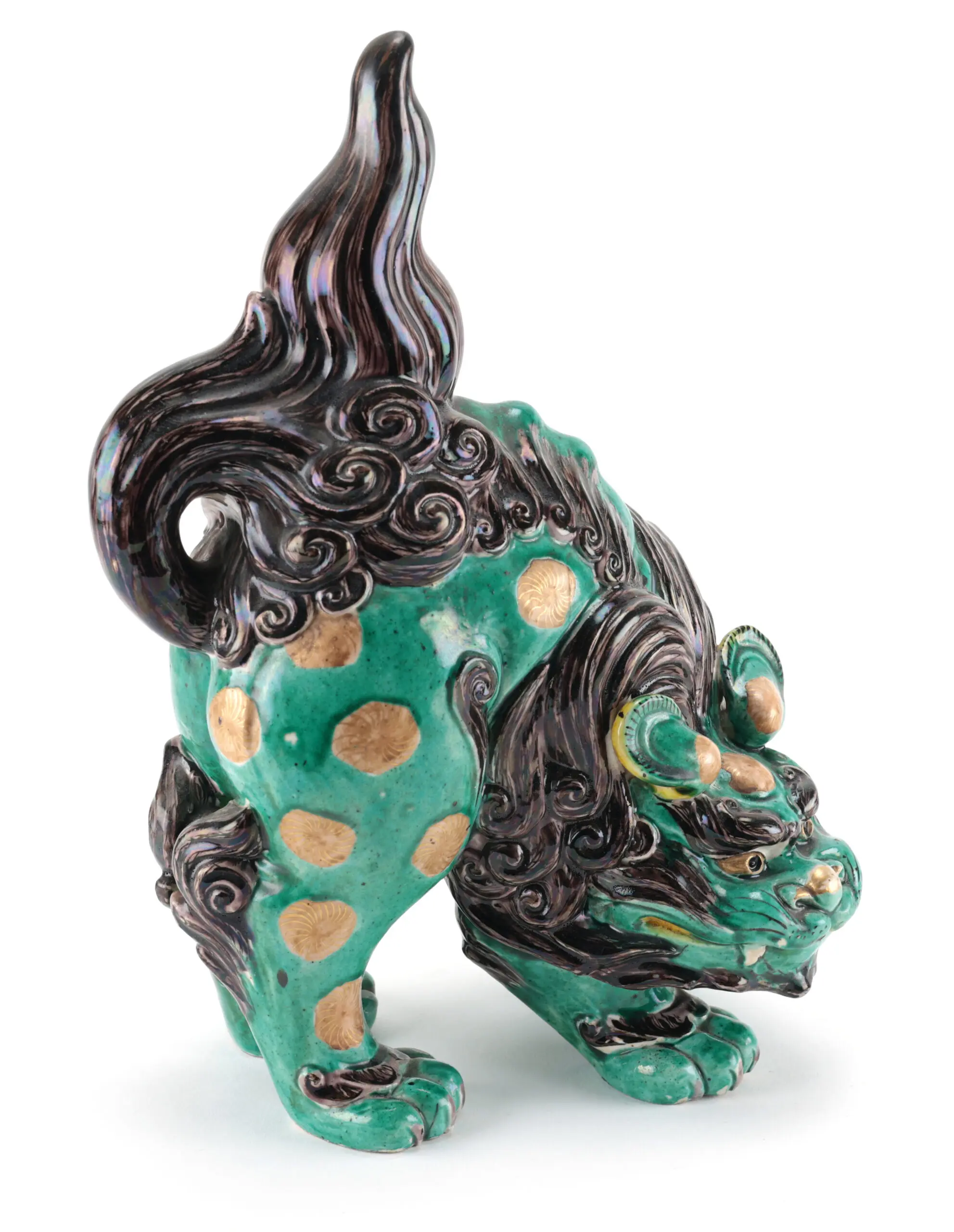 Paar Japanse Kutani foo dogs – 19e eeuw – groen en goud glazuur – detailfoto