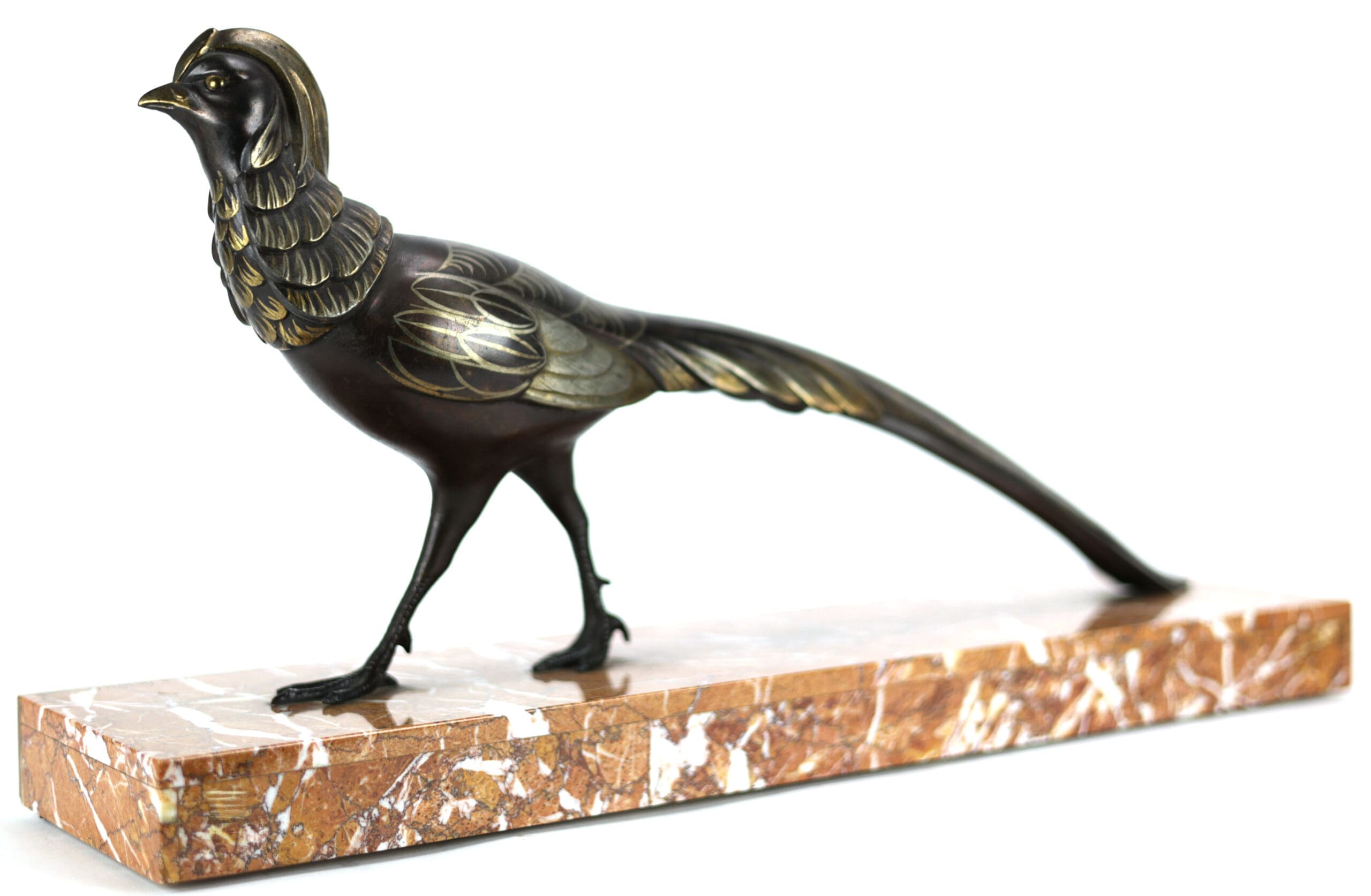 Scultura Art Déco fagiano dorato – Salvatore Melani (1902–1934) – bronzo su marmo – foto di dettaglio