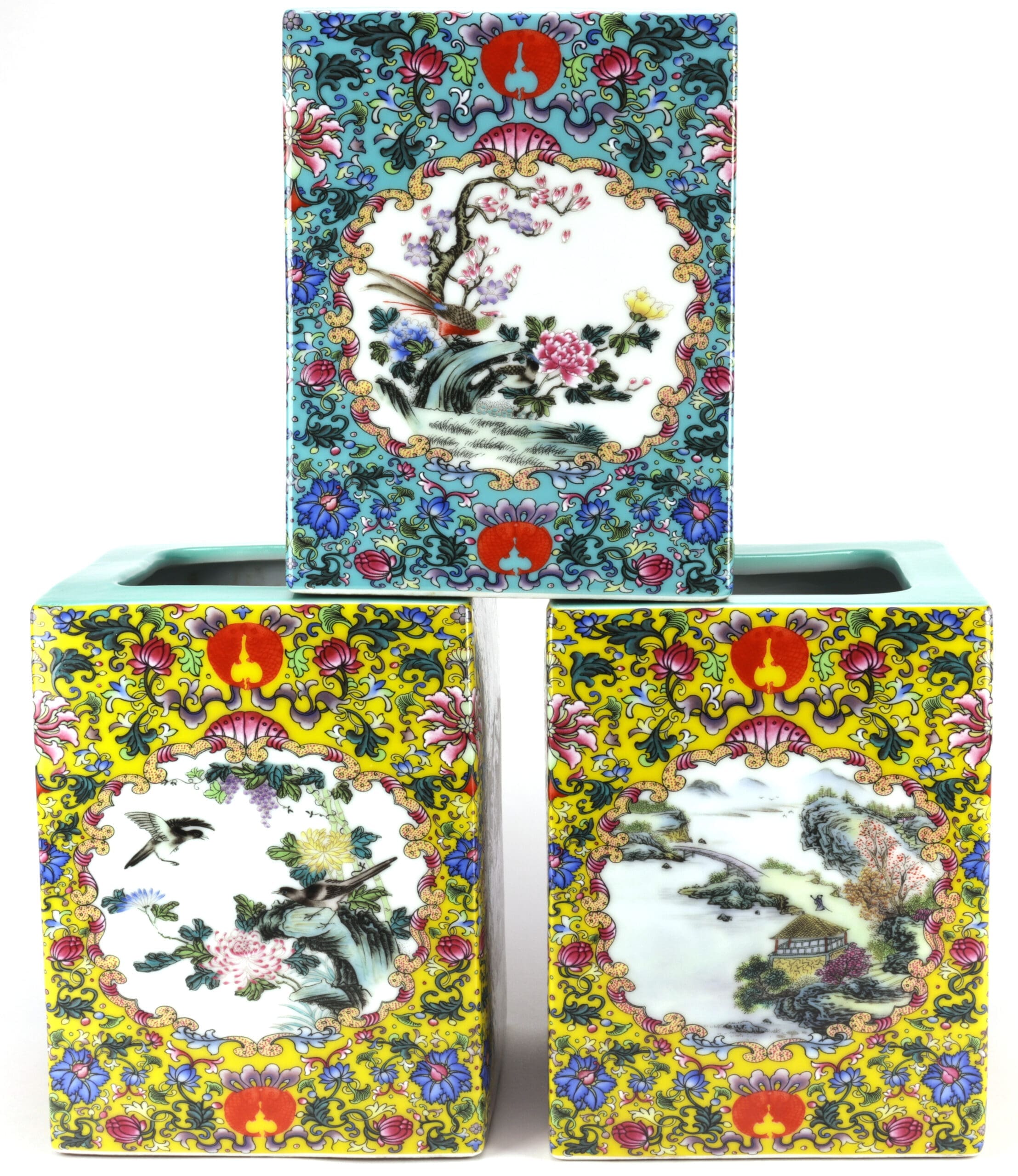 Ensemble de 3 pots à pinceaux en porcelaine chinoise, style Yongzheng du XIXe siècle – photo de détail
