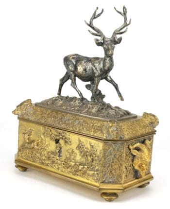 Christophe Fratin gesigneerd antiek verzilverd & verguld bronzen kistje met hert (Animalier, 19e eeuw) – detailfoto
