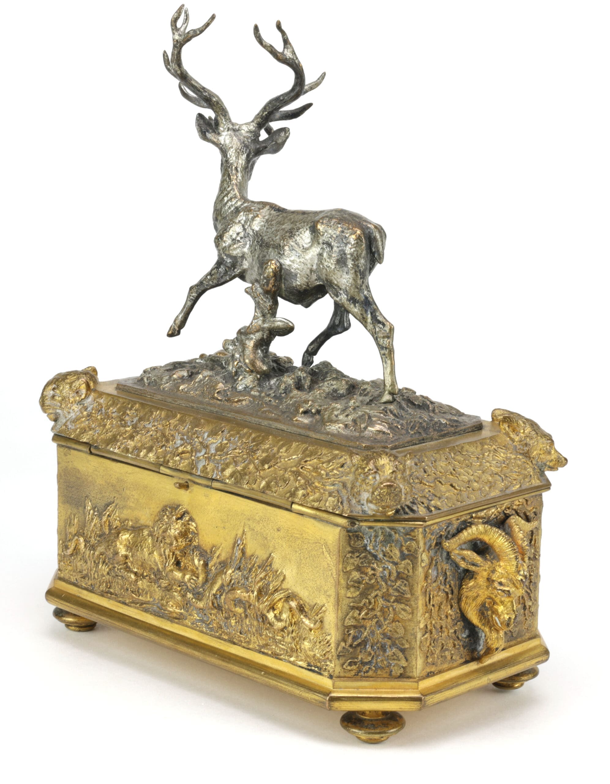 Cajita de bronce plateado y dorado antiguo firmado por Christophe Fratin con ciervo (Animalier, siglo XIX) – foto de detalle