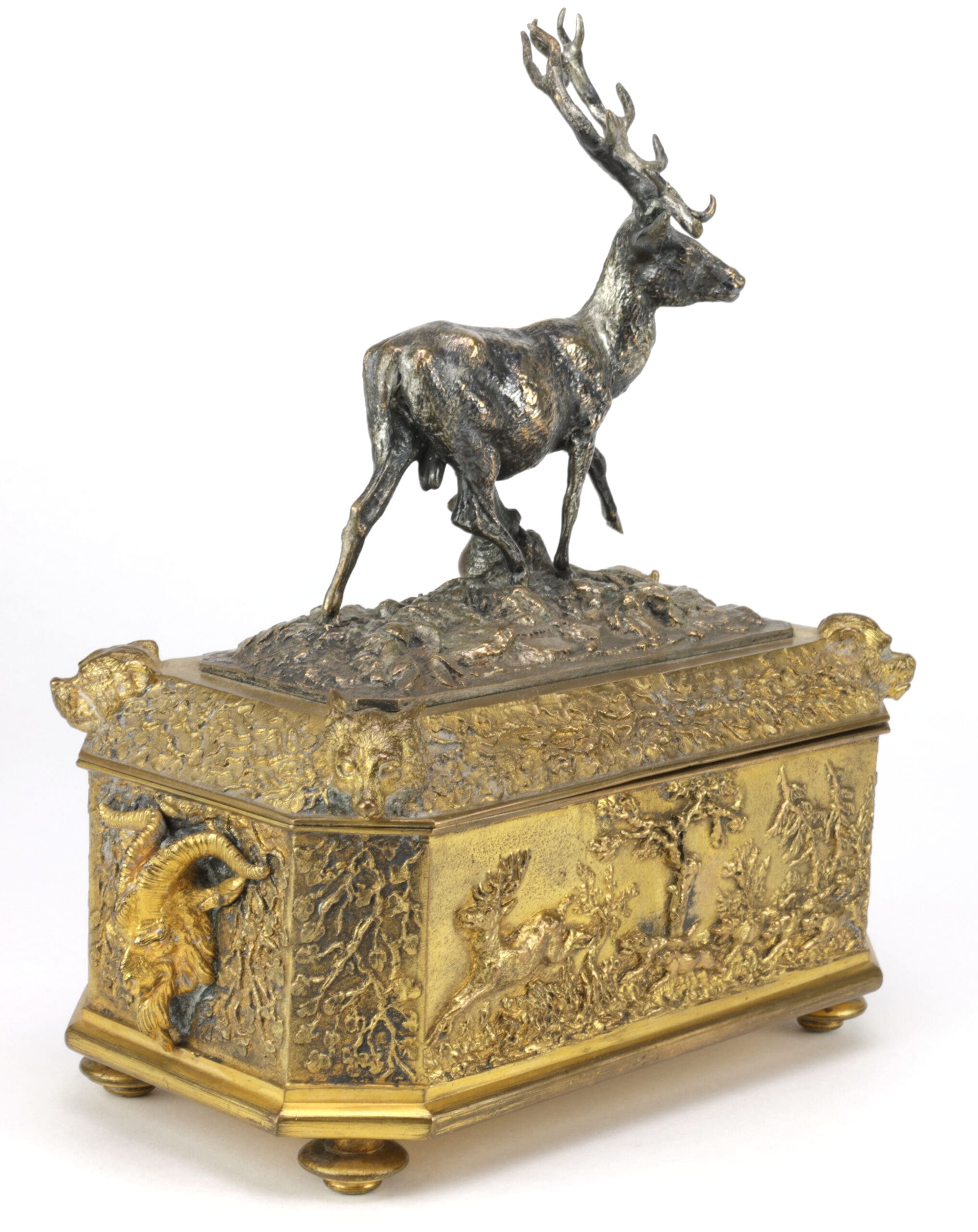 Cajita de bronce plateado y dorado antiguo firmado por Christophe Fratin con ciervo (Animalier, siglo XIX) – foto de detalle