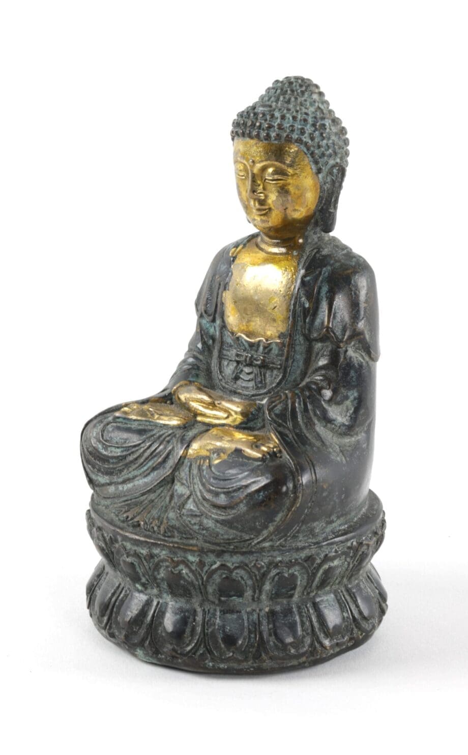 Antique bronze Buddha statue - dhyanamudra, China ca 1900 - Vergulde Kat