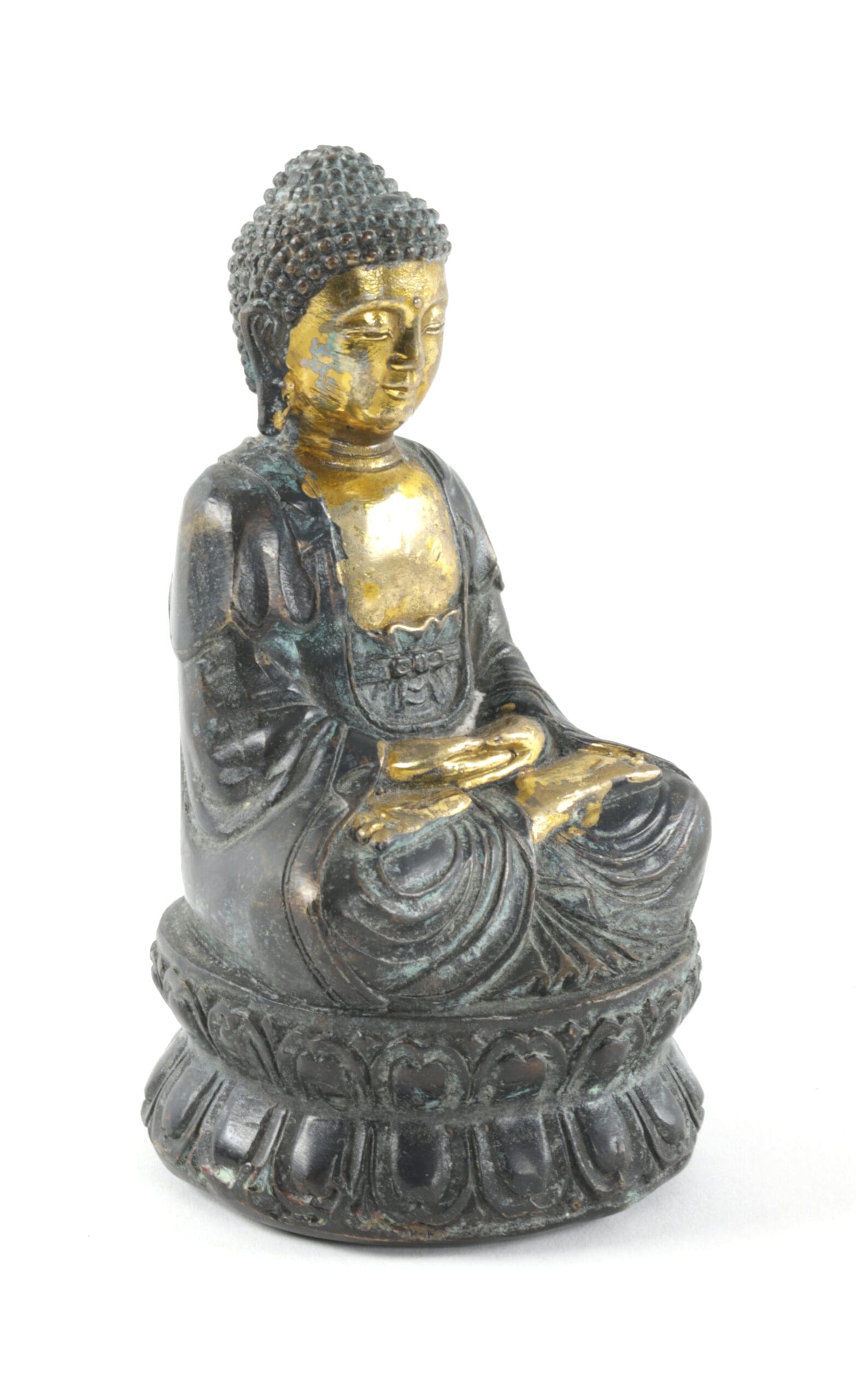Antique bronze Buddha figurine - dhyanamudra, China ca. 1900 - detail photo