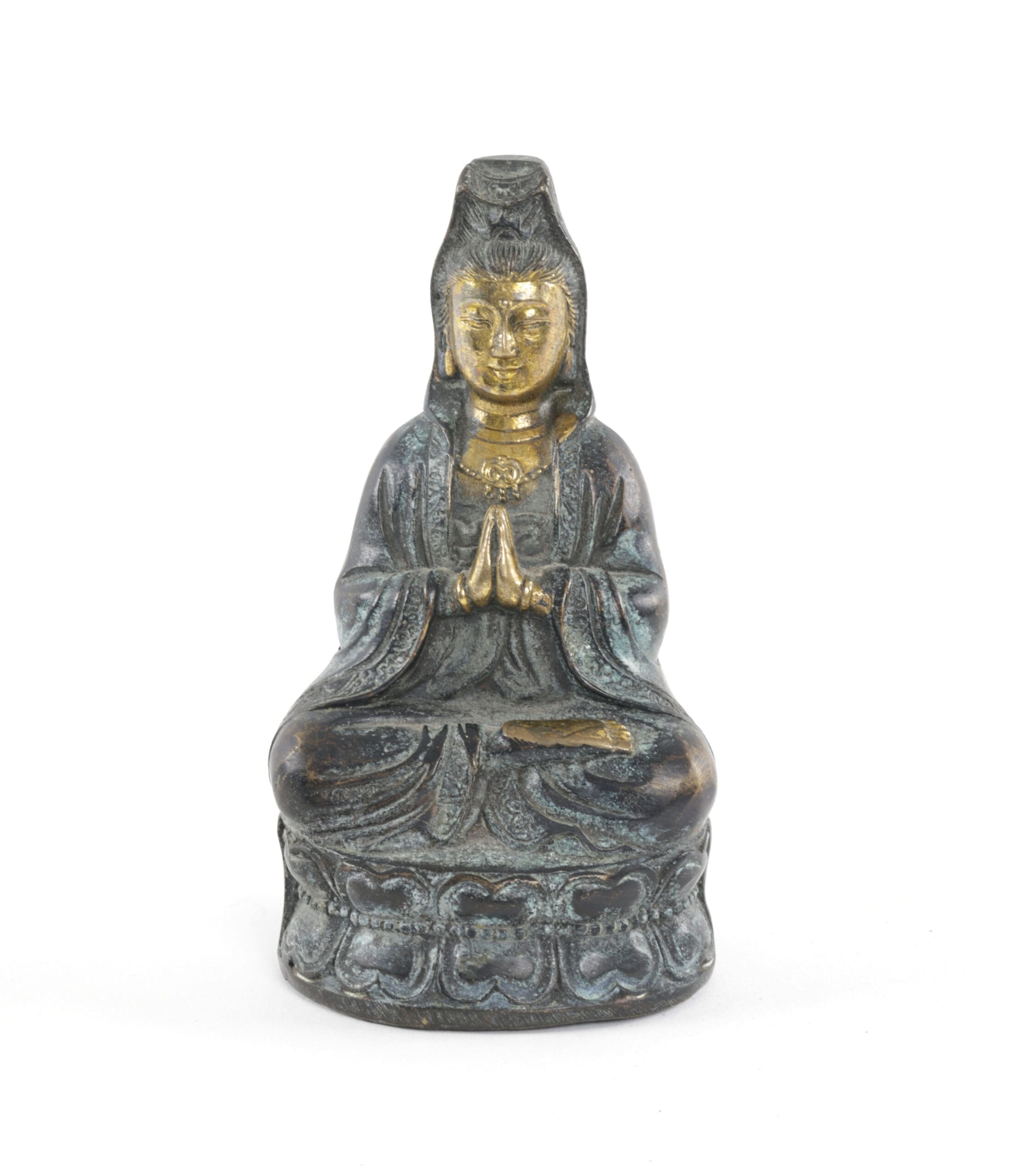 Figurine de Guanyin – cuivre partiellement doré, Chine vers 1900, marquée – photo de détail