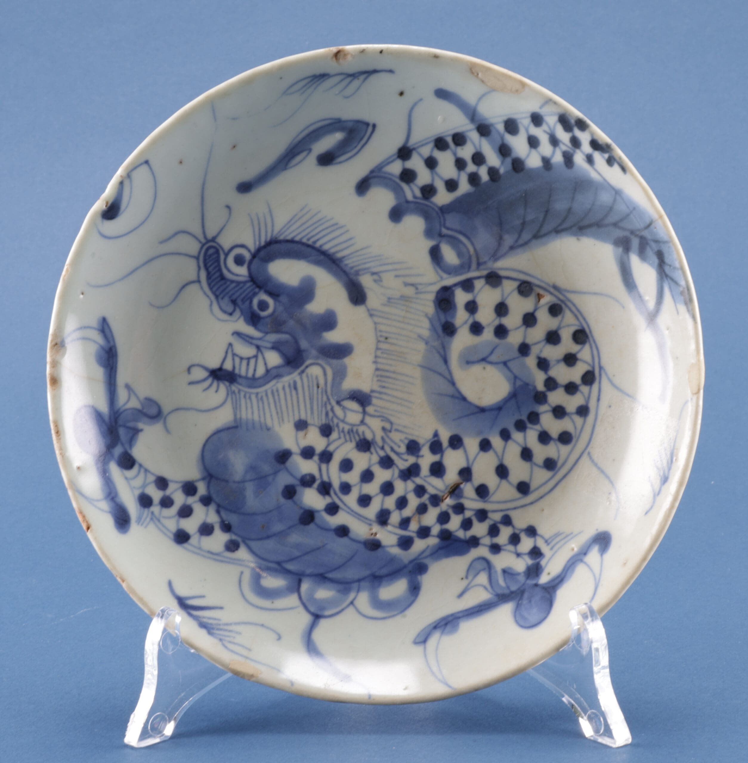 Blauw-wit Chinees drakenbord 17de eeuw – Transitional, gemerkt He Ji – detailfoto