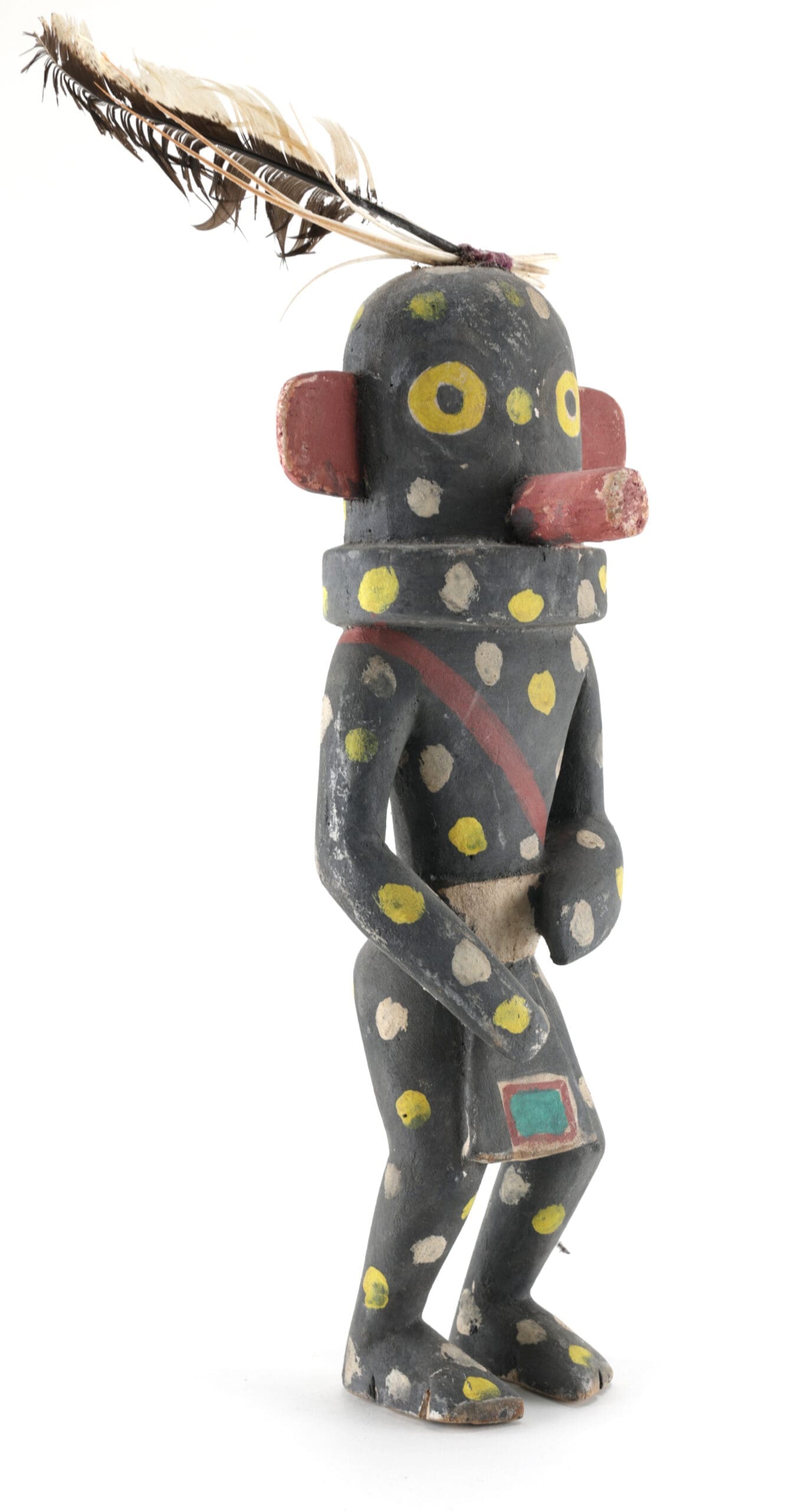 Kachina Hopi Chakwaina noir à pois colorés – 37 cm – Collection Ben Spangberg – photo de détail