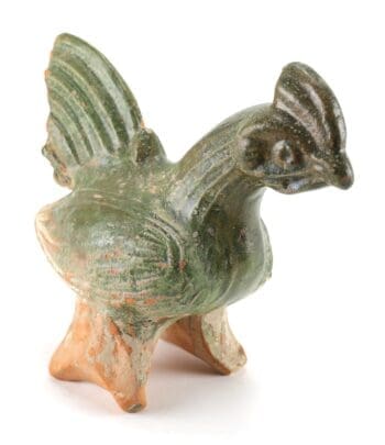 Han dynasty pottery rooster with dark green glaze - 17 cm - detail photo