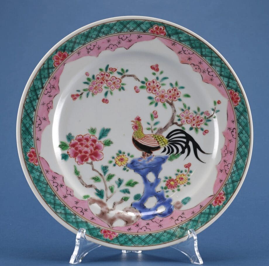 Chinese Famille Rose plate - rooster and blossom - 24 cm - Vergulde Kat