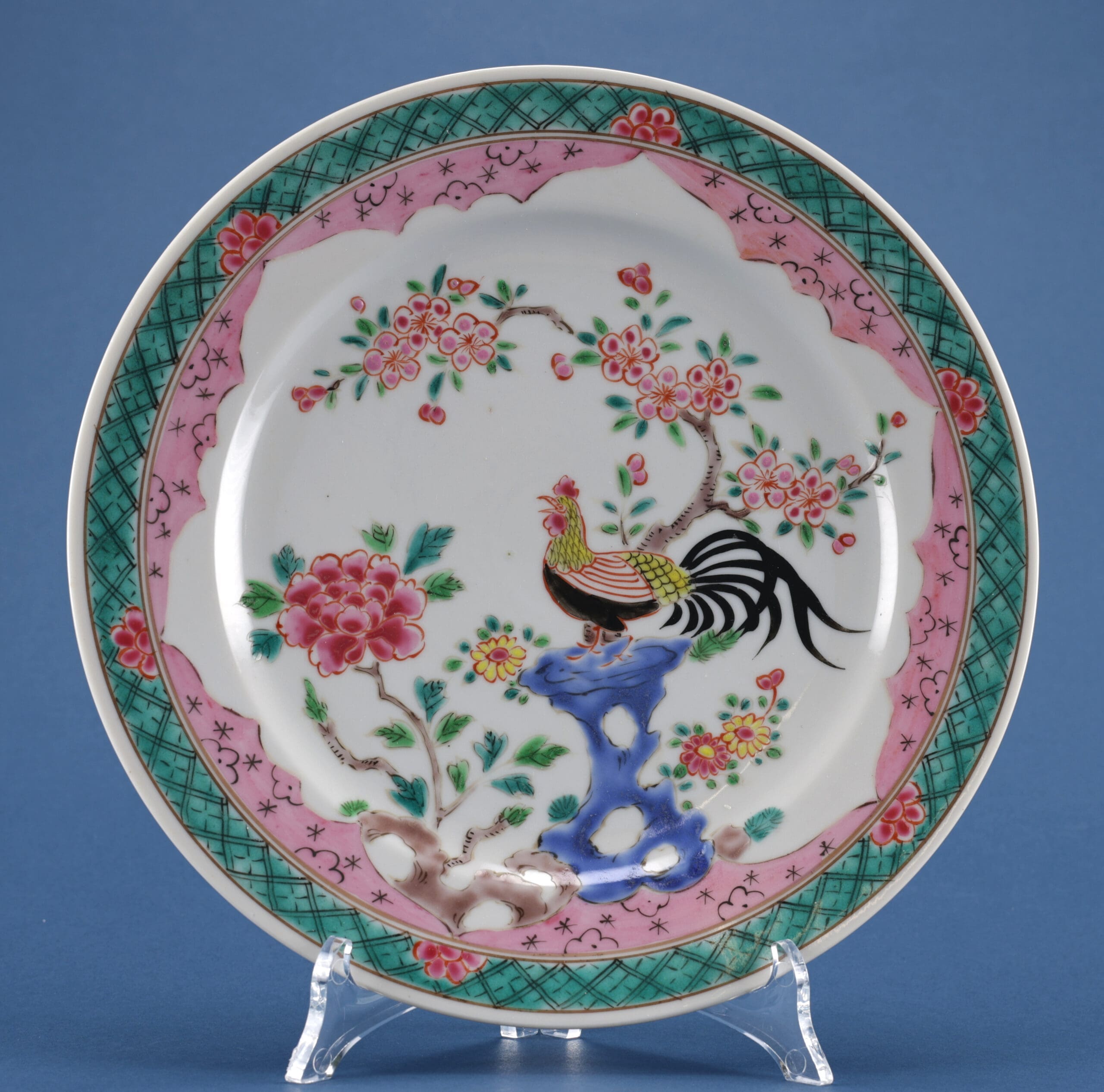 Chinese Famille Rose plate - rooster and blossom - 24 cm - detail photo