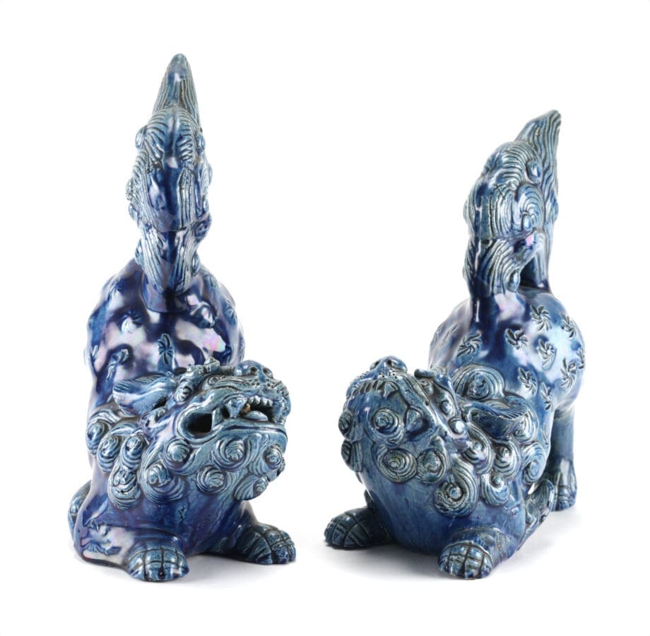 Set van 2 blauwe Japanse Foo Dogs – 19de eeuw keramiek – Vergulde Kat