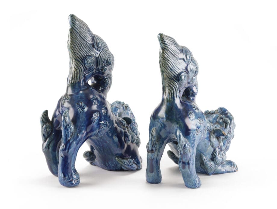 Set van 2 blauwe Japanse Foo Dogs – 19de eeuw keramiek – Vergulde Kat