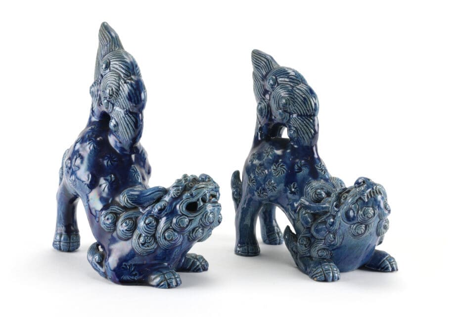 Set van 2 blauwe Japanse Foo Dogs – 19de eeuw keramiek – Vergulde Kat