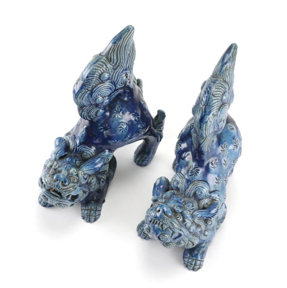 Set van 2 blauwe Japanse Foo Dogs – 19de eeuw keramiek – Vergulde Kat