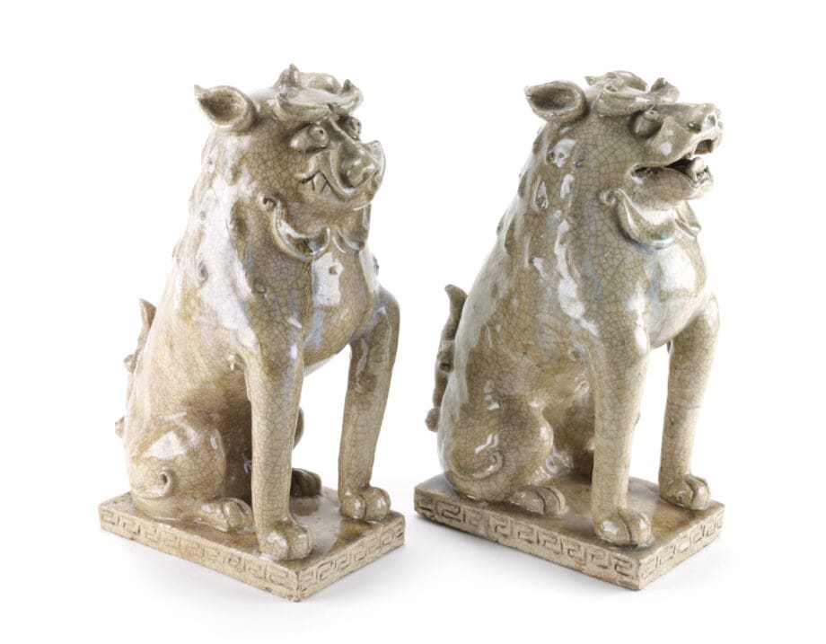 Authentieke Japanse Komainu beelden (Foo Dogs), 19e eeuw, Agyō & Ungyō, 31 cm – Vergulde Kat
