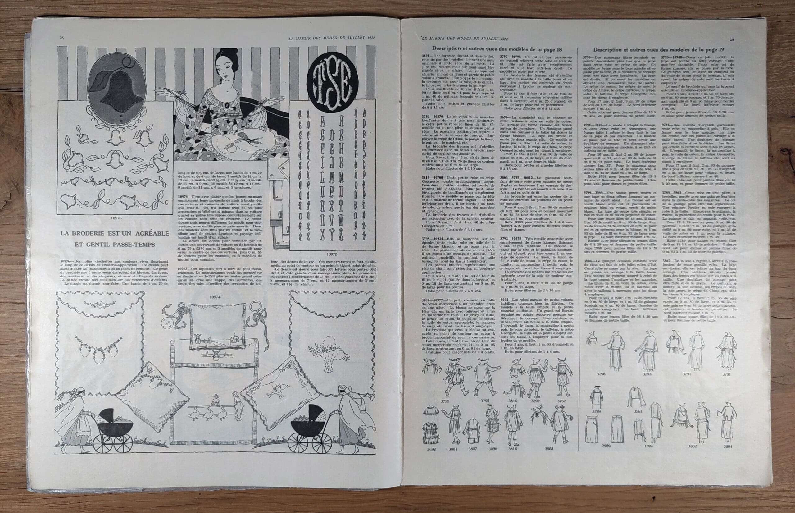 Le Miroir des Modes – Juli 1922, Nr. 1 | Vintage Frans Modeblad met Illustratie van Parkieten – detailfoto