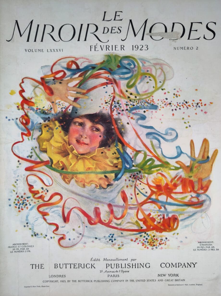 Le Miroir des Modes – Février 1923, n° 2 | Magazine de mode français vintage avec une illustration sur le thème du carnaval – Vergulde Kat