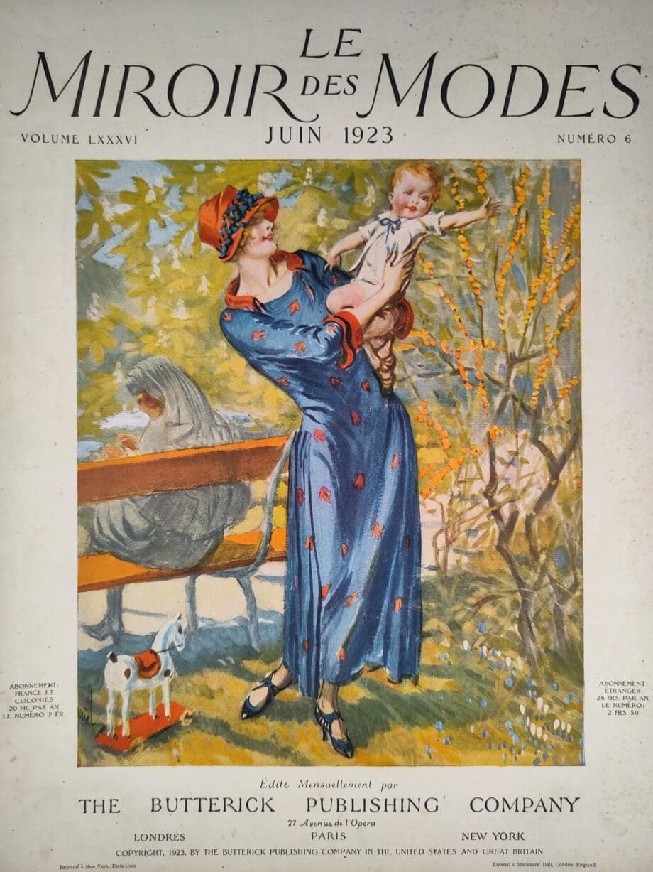 Le Miroir des Modes – Juni 1923 Nr. 6 | Vintage-französische Modezeitschrift mit einer Illustration von Mutter und Kind – Vergulde Kat