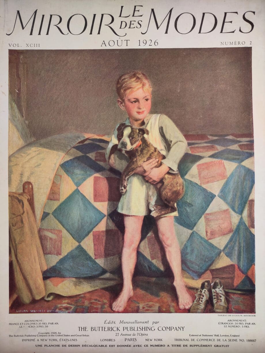 Le Miroir des Modes – Août 1926 | Couverture vintage française représentant un garçon et un chien – Vergulde Kat