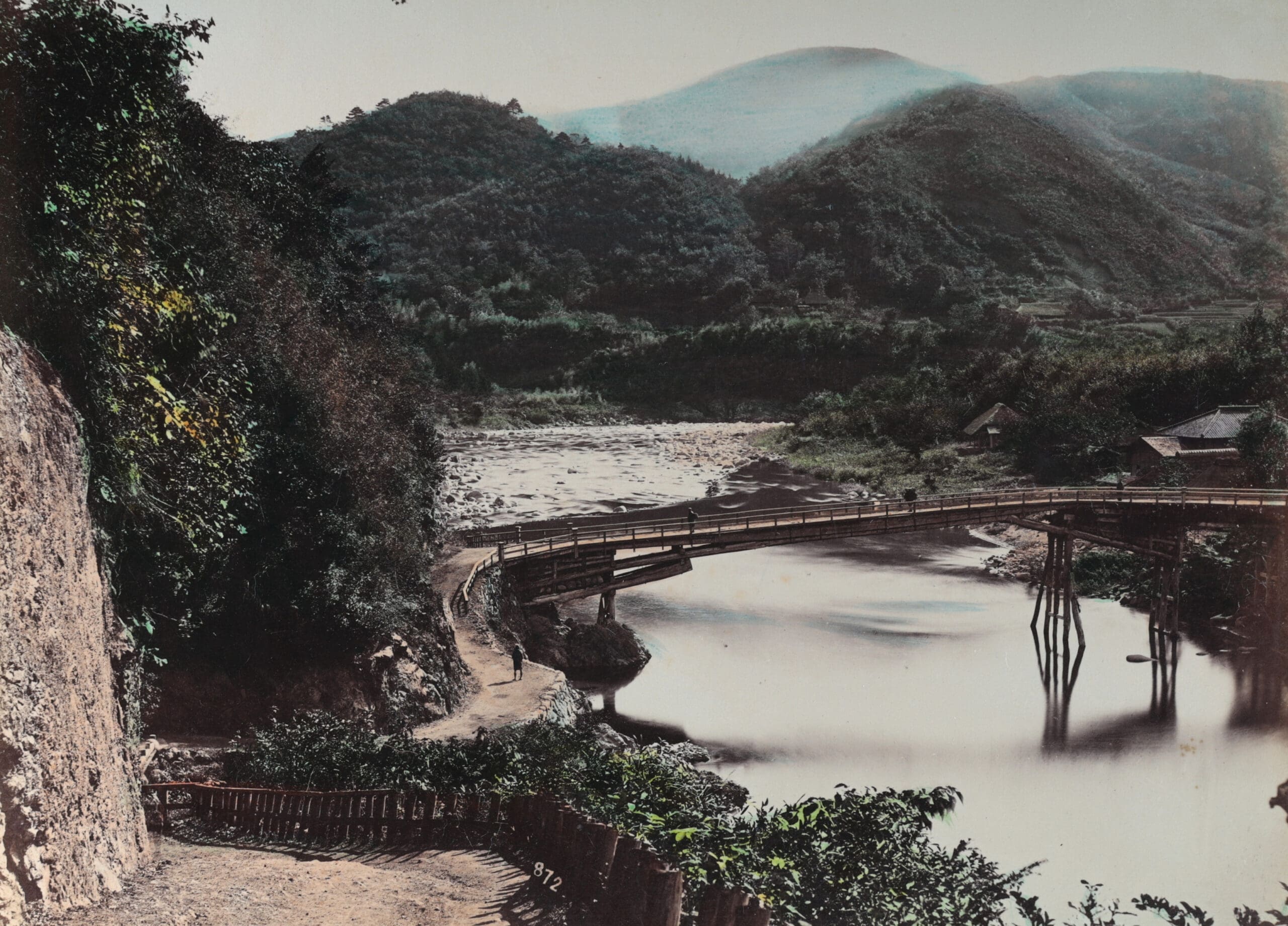 Japanese hand-colored photographs by Raimund von – Stillfried geisha & river landscape, ca. 1880 – close-up photo