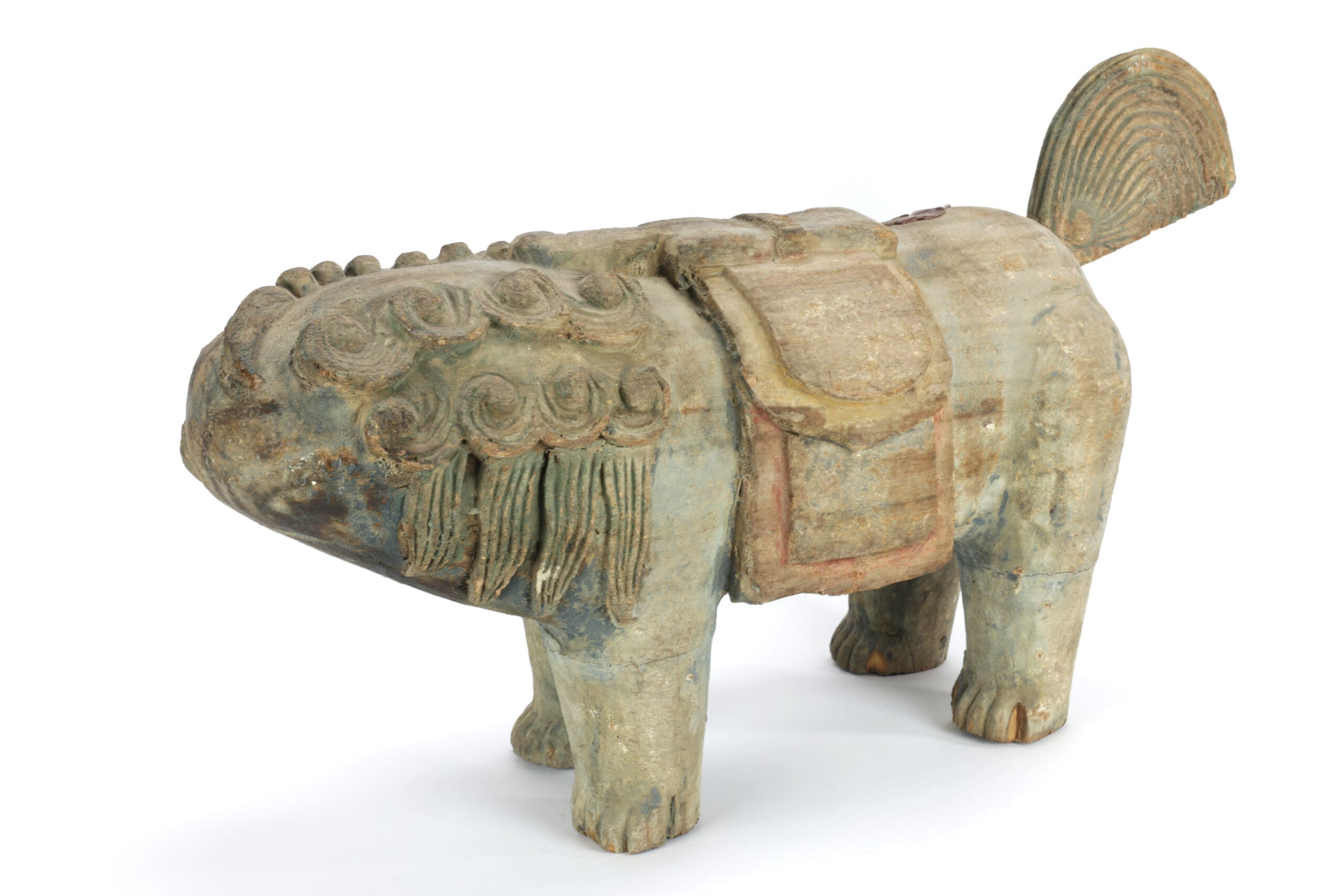 Ensemble de deux lions de temple chinois (chiens de F o) – bois – XVIIIe–XIXe siècle – avec sceau d’exportation Jian Ding – photo de détail