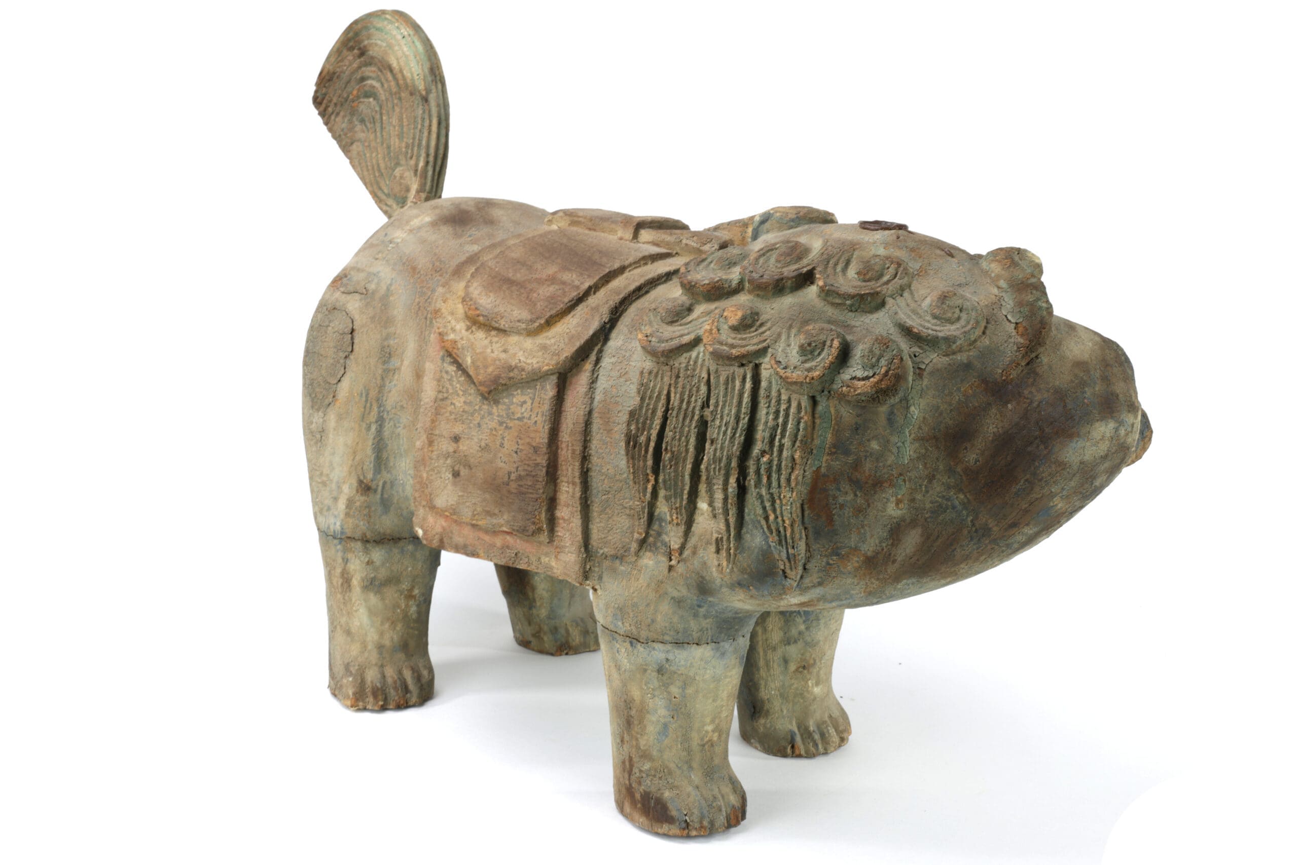 Ensemble de deux lions de temple chinois (chiens de F o) – bois – XVIIIe–XIXe siècle – avec sceau d’exportation Jian Ding – photo de détail