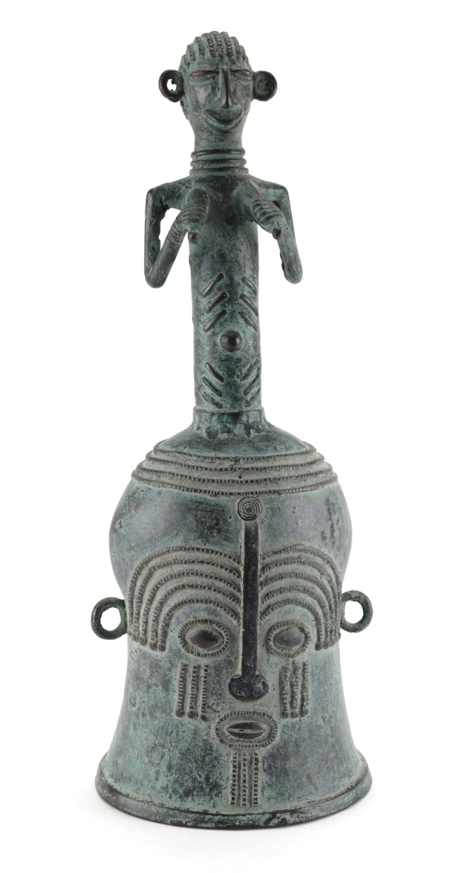 Bronzen bel met figuur – Kameroen – Grassfields cultuur – 40 cm hoog – Vergulde Kat
