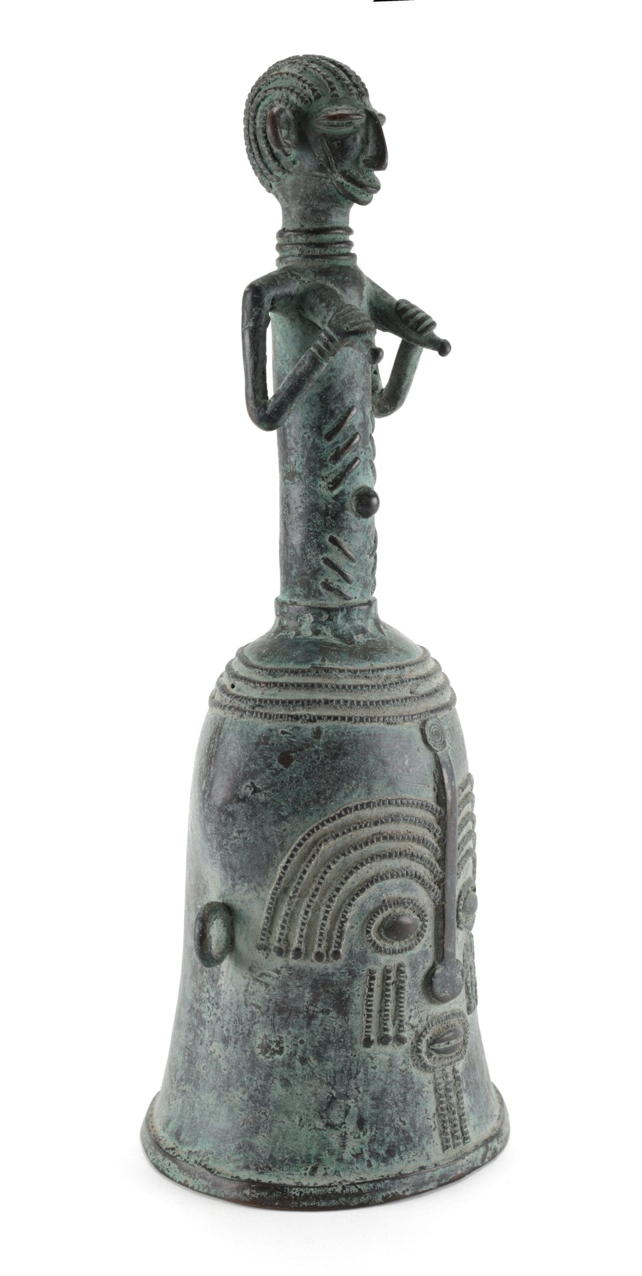 Bronzen bel met figuur – Kameroen – Grassfields cultuur – 40 cm hoog – detailfoto