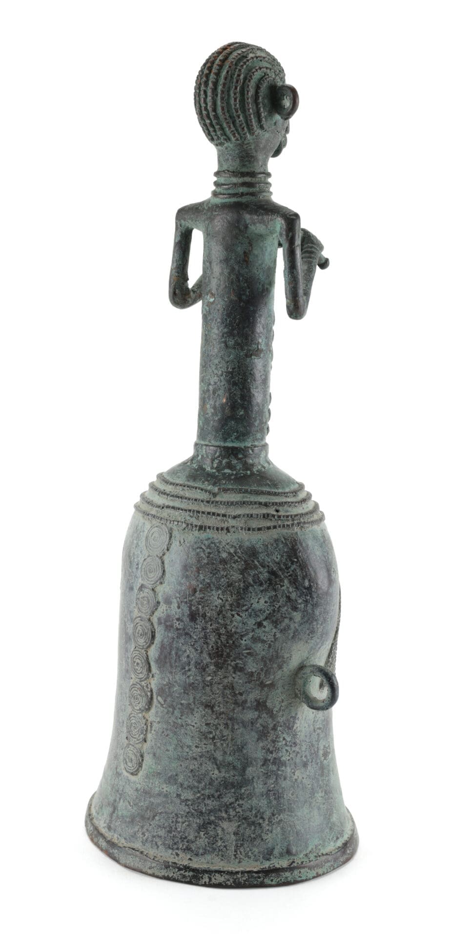 Bronzen bel met figuur – Kameroen – Grassfields cultuur – 40 cm hoog – Vergulde Kat