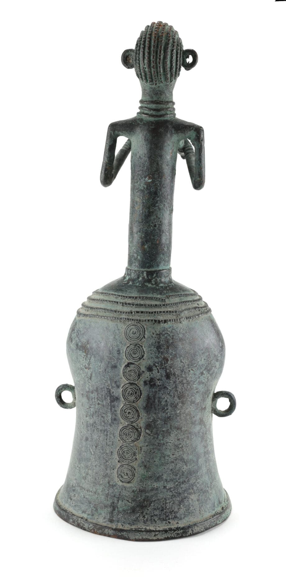 Bronzen bel met figuur – Kameroen – Grassfields cultuur – 40 cm hoog – Vergulde Kat