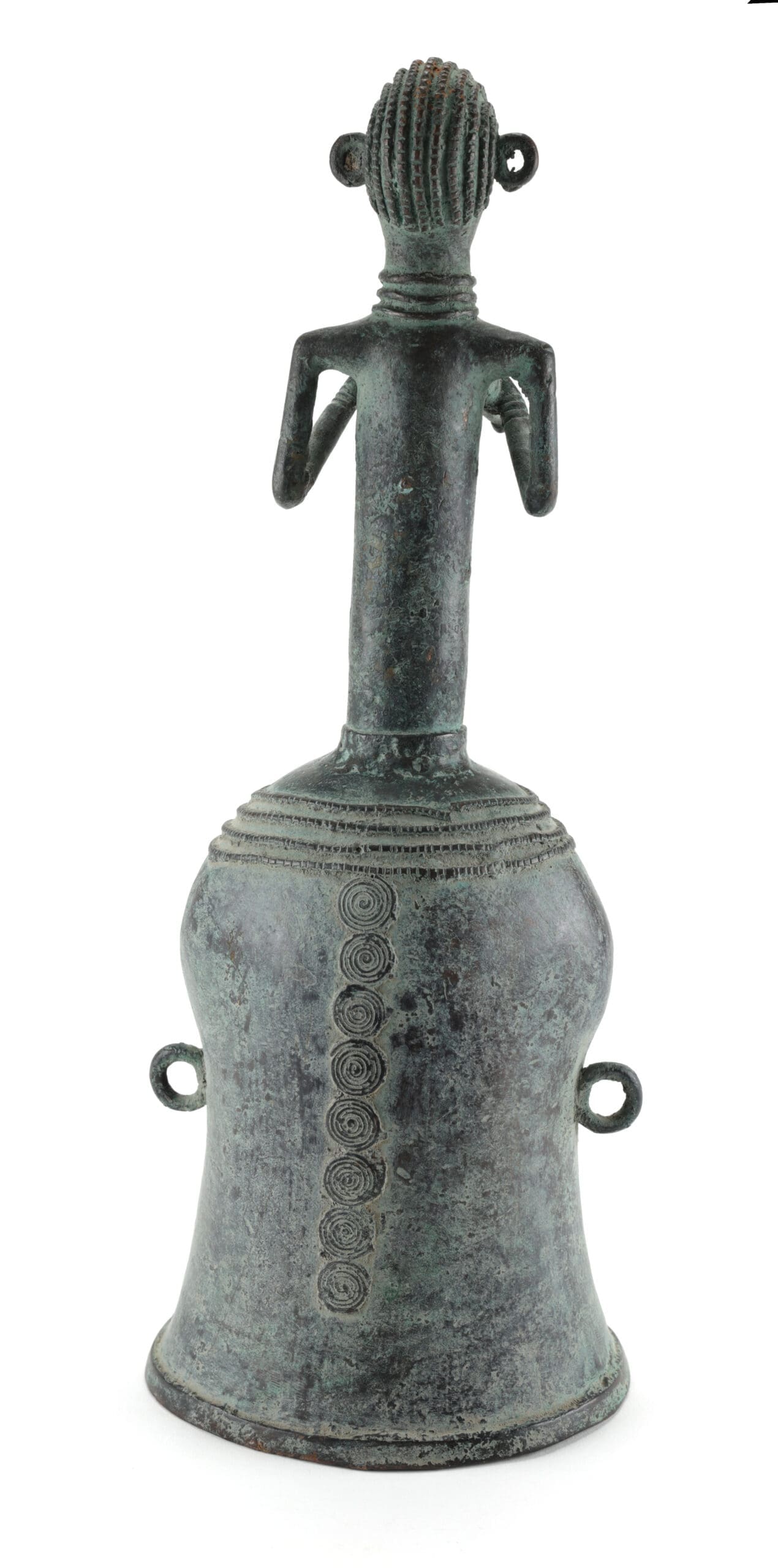 Bronzen bel met figuur – Kameroen – Grassfields cultuur – 40 cm hoog – detailfoto