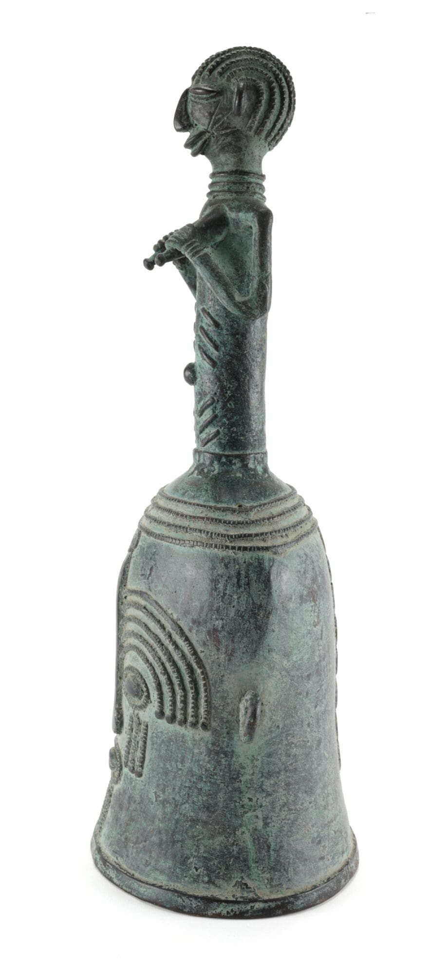 Bronzen bel met figuur – Kameroen – Grassfields cultuur – 40 cm hoog – Vergulde Kat