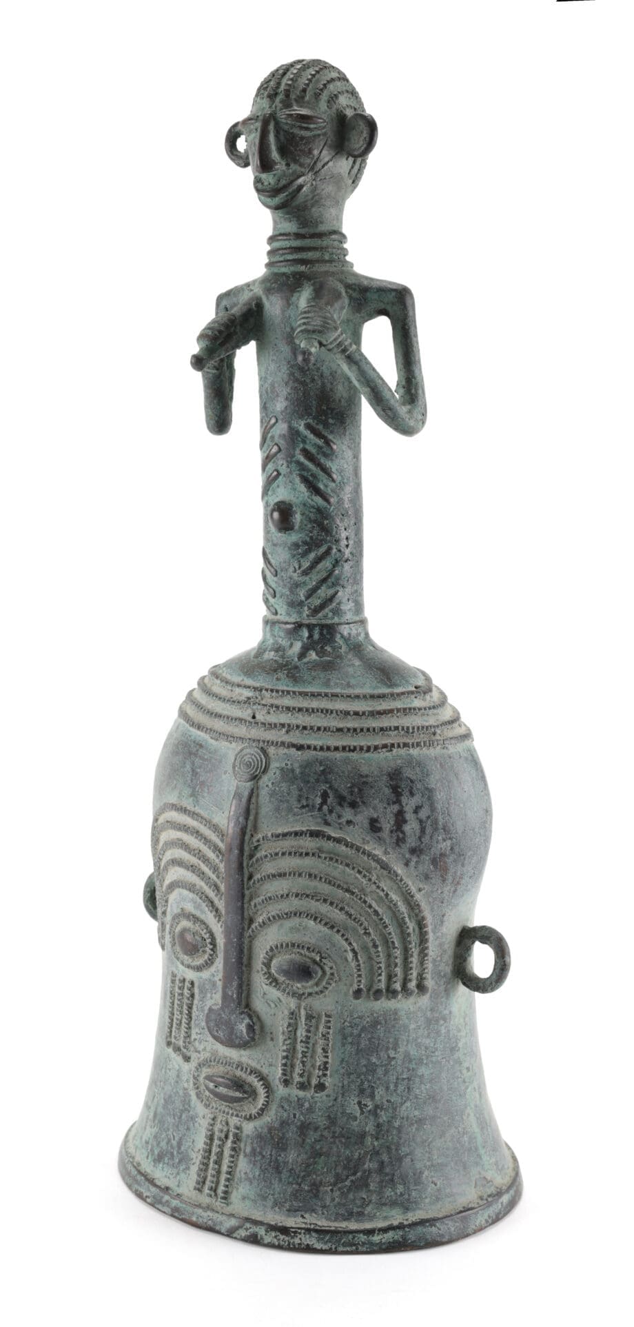 Bronzen bel met figuur – Kameroen – Grassfields cultuur – 40 cm hoog – Vergulde Kat