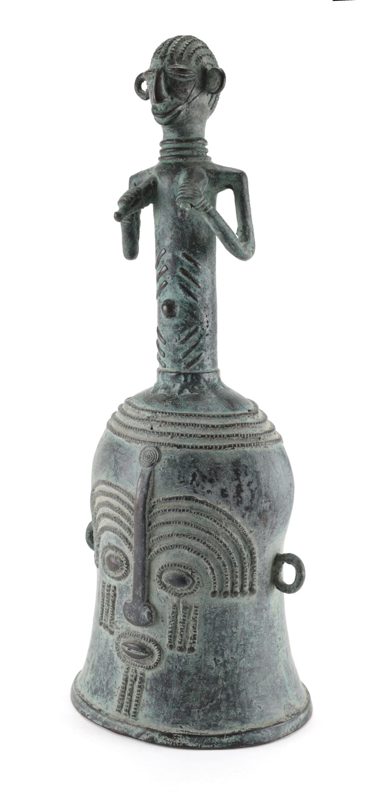 Bronzen bel met figuur – Kameroen – Grassfields cultuur – 40 cm hoog – detailfoto