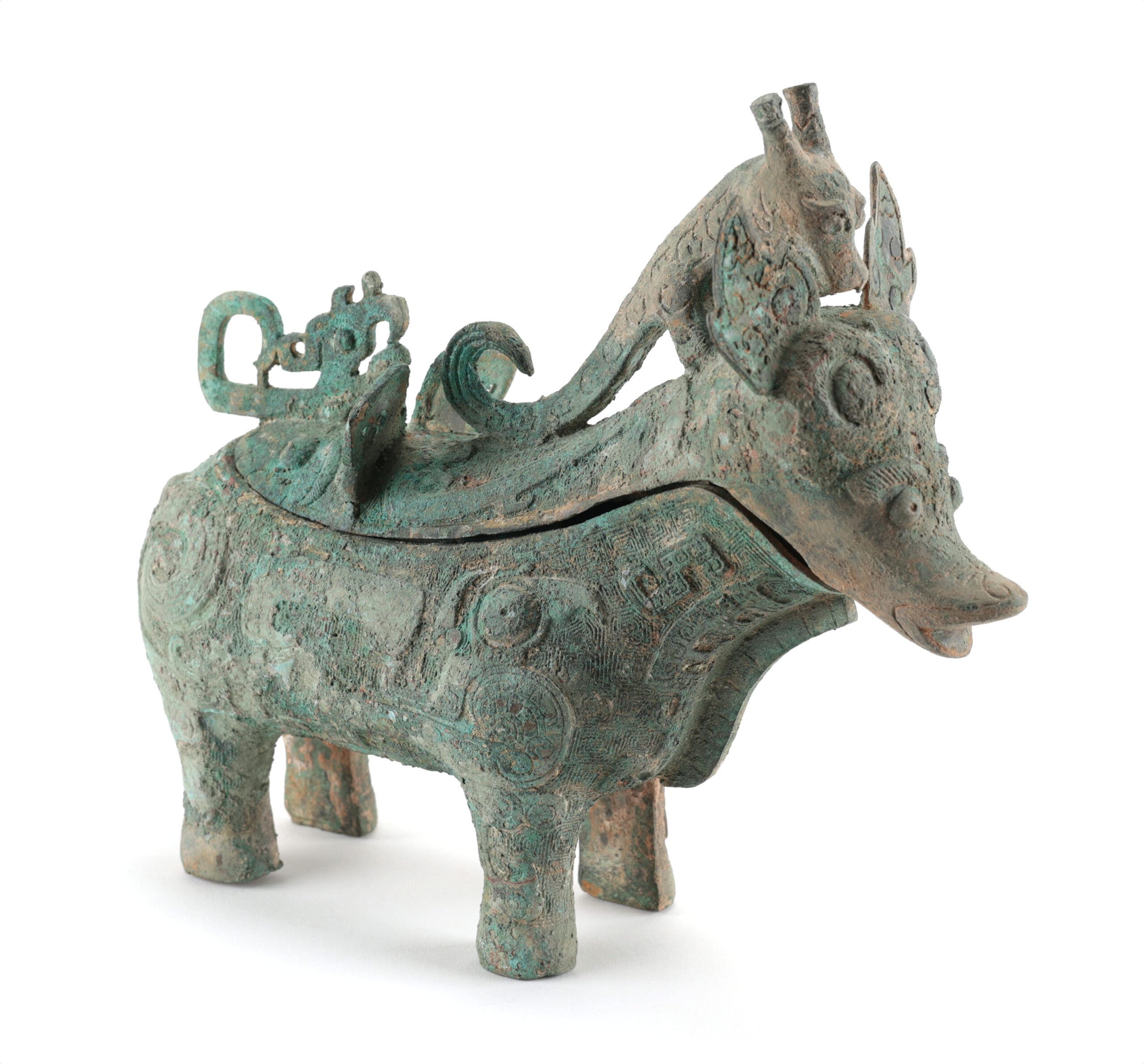 Vase zun en bronze chinois en forme d'animal mythique – style Shang – avec couvercle – photo de détail
