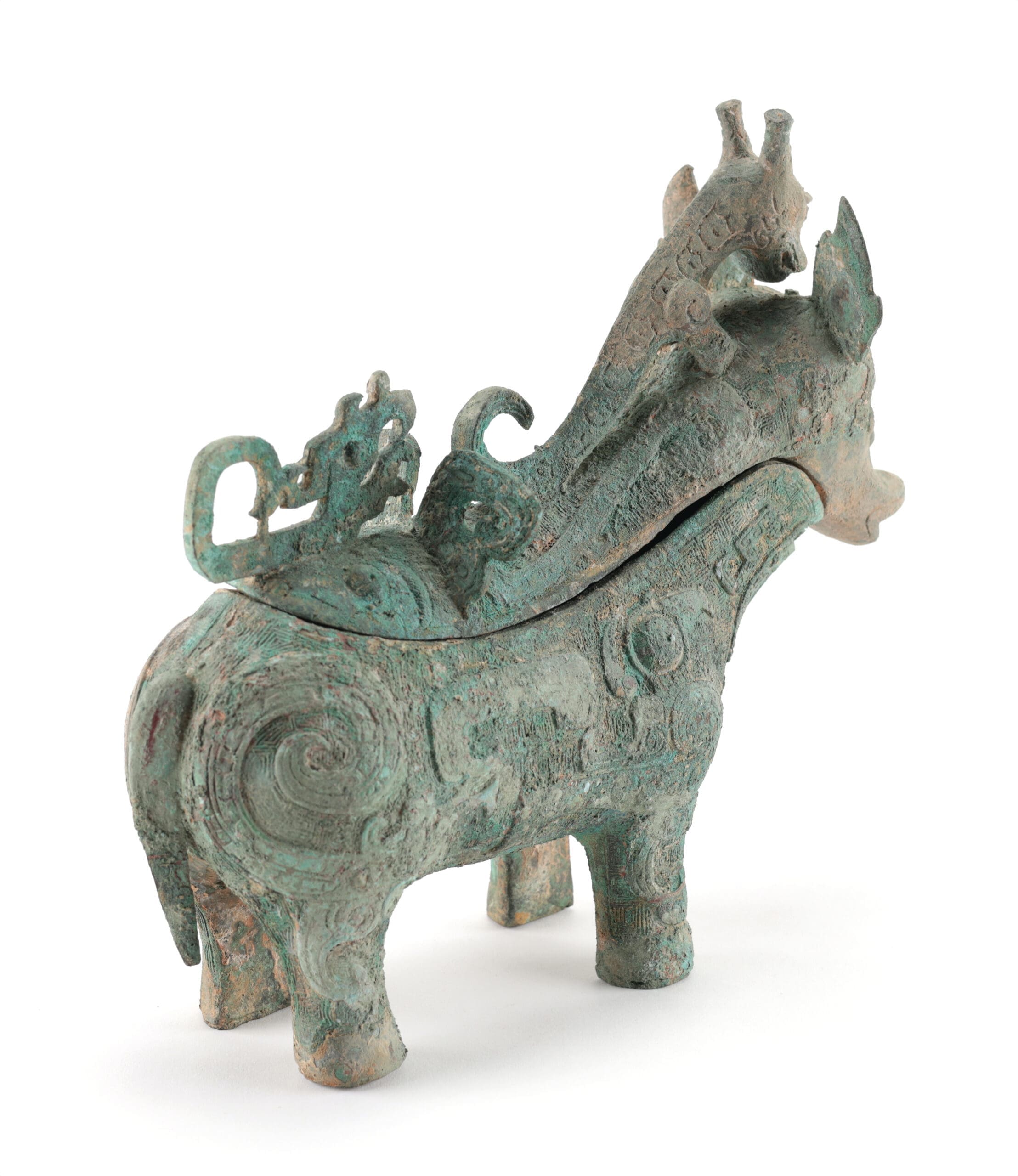 Vase zun en bronze chinois en forme d'animal mythique – style Shang – avec couvercle – photo de détail