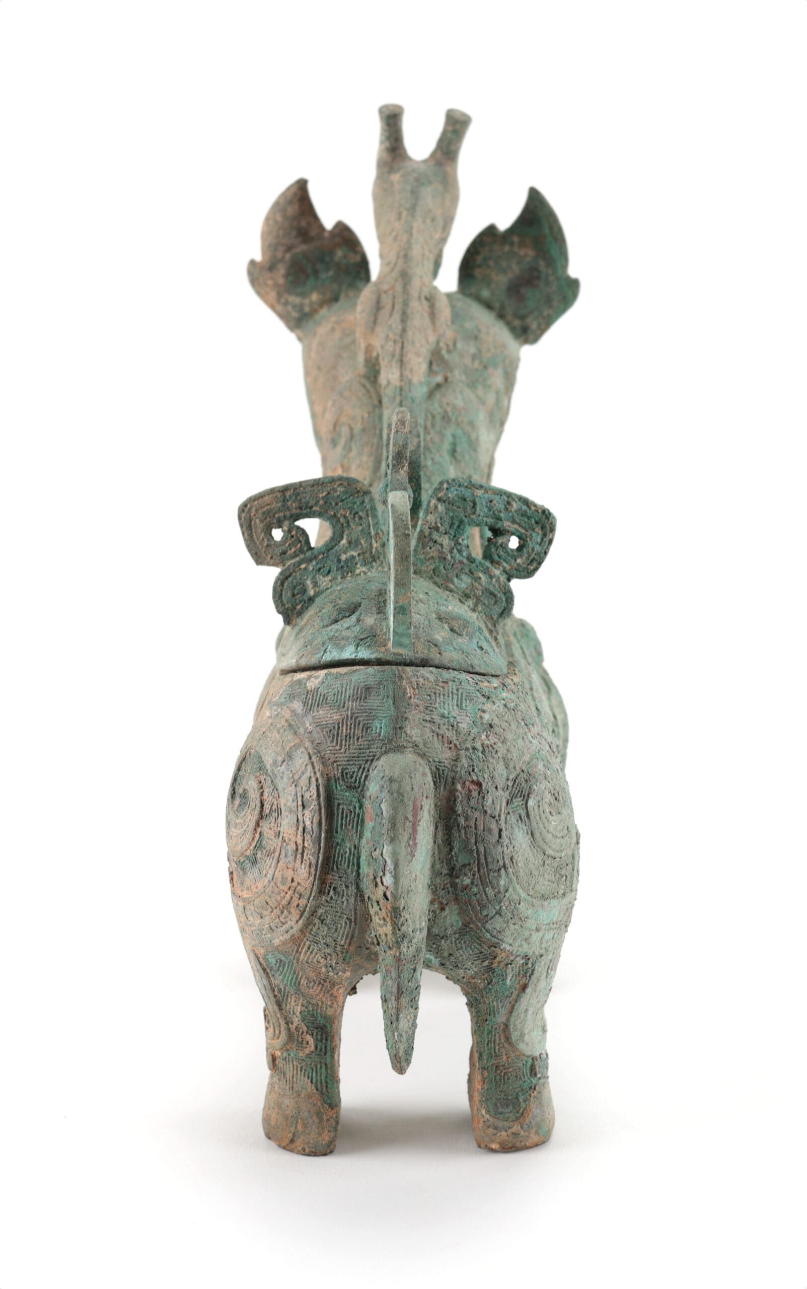 Vase zun en bronze chinois en forme d'animal mythique – style Shang – avec couvercle – photo de détail