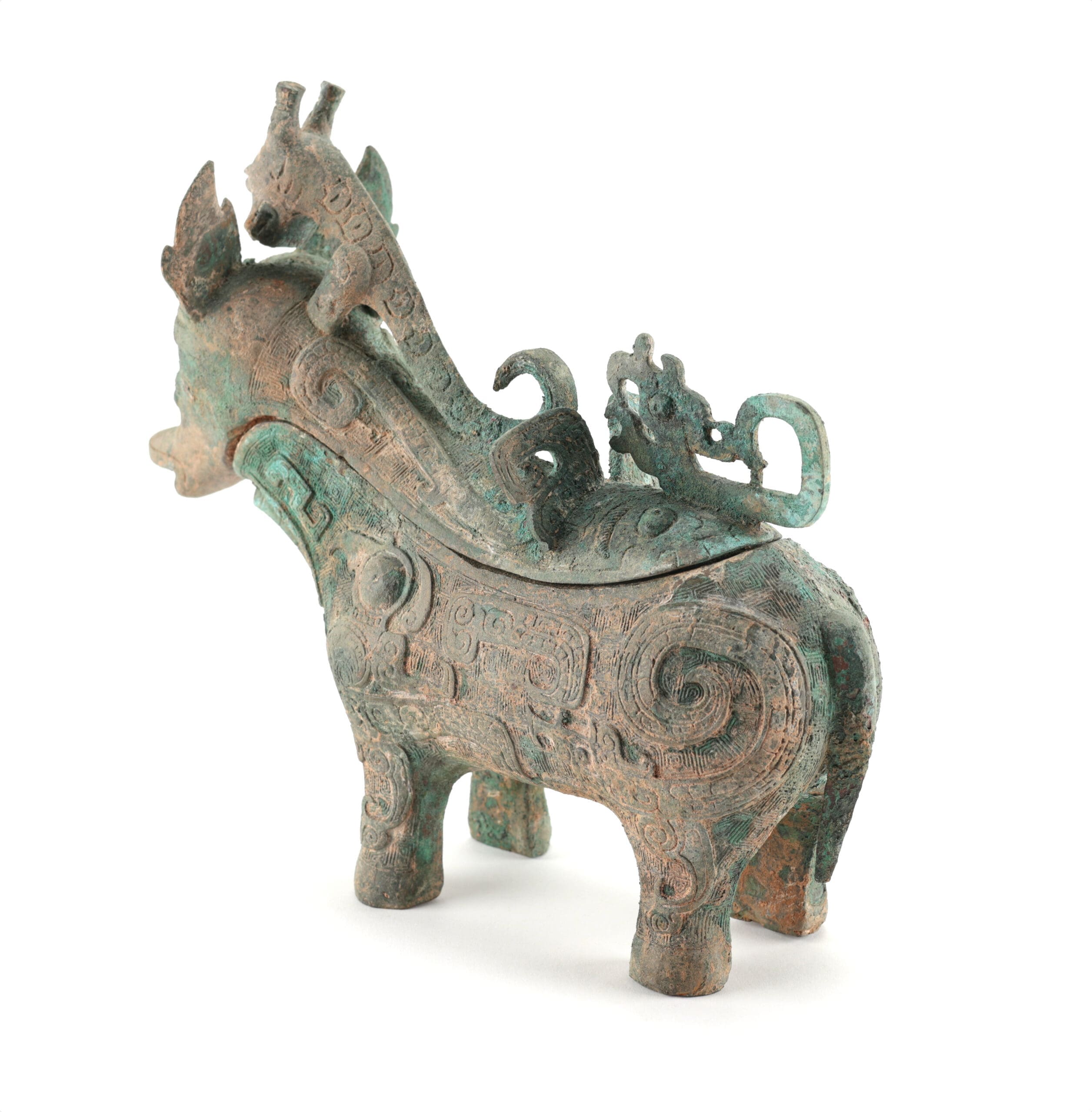 Vase zun en bronze chinois en forme d'animal mythique – style Shang – avec couvercle – photo de détail