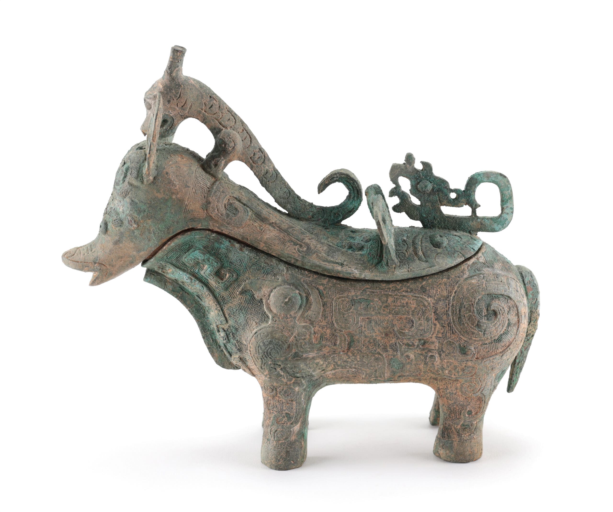 Vase zun en bronze chinois en forme d'animal mythique – style Shang – avec couvercle – photo de détail