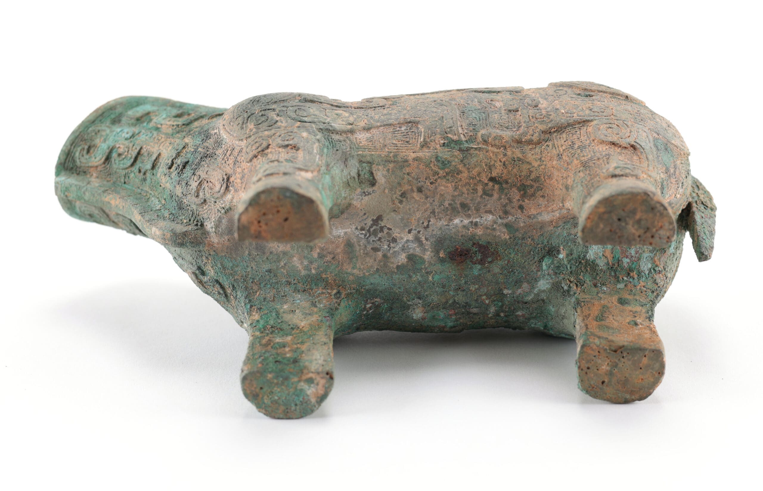 Vase zun en bronze chinois en forme d'animal mythique – style Shang – avec couvercle – photo de détail