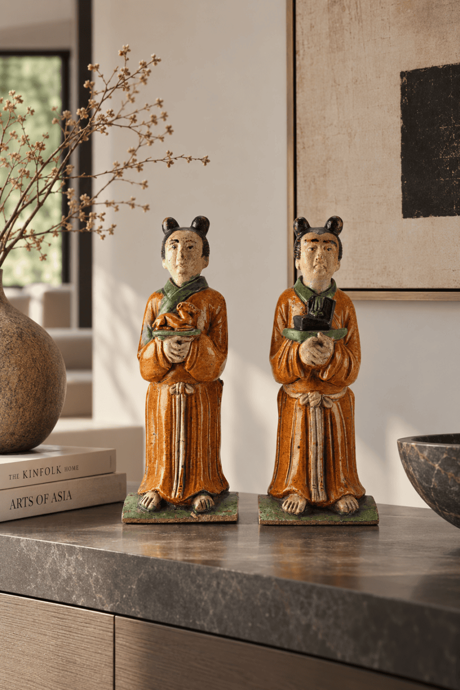 Paire de figurines de toit chinoises Sancai – dynastie Ming – collection Van Achterbergh – Vergulde Kat