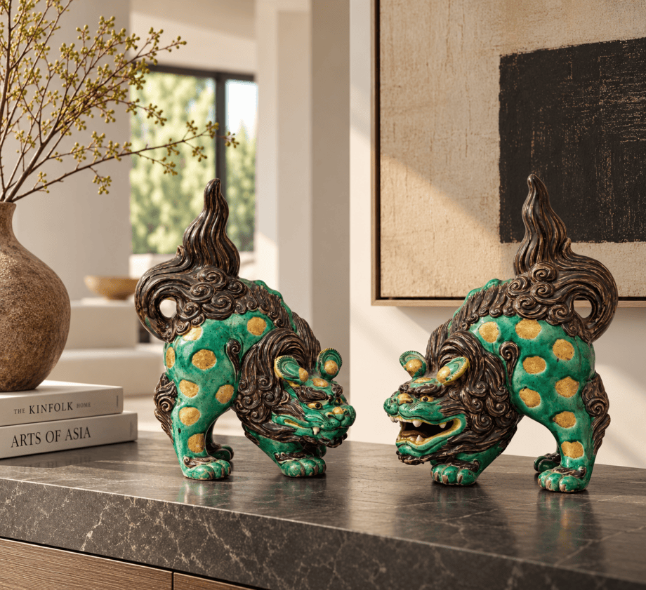 Paar Japanse Kutani foo dogs – 19e eeuw – groen en goud glazuur – Vergulde Kat