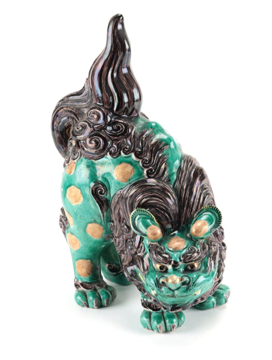 Paar Japanse Kutani foo dogs – 19e eeuw – groen en goud glazuur – Vergulde Kat
