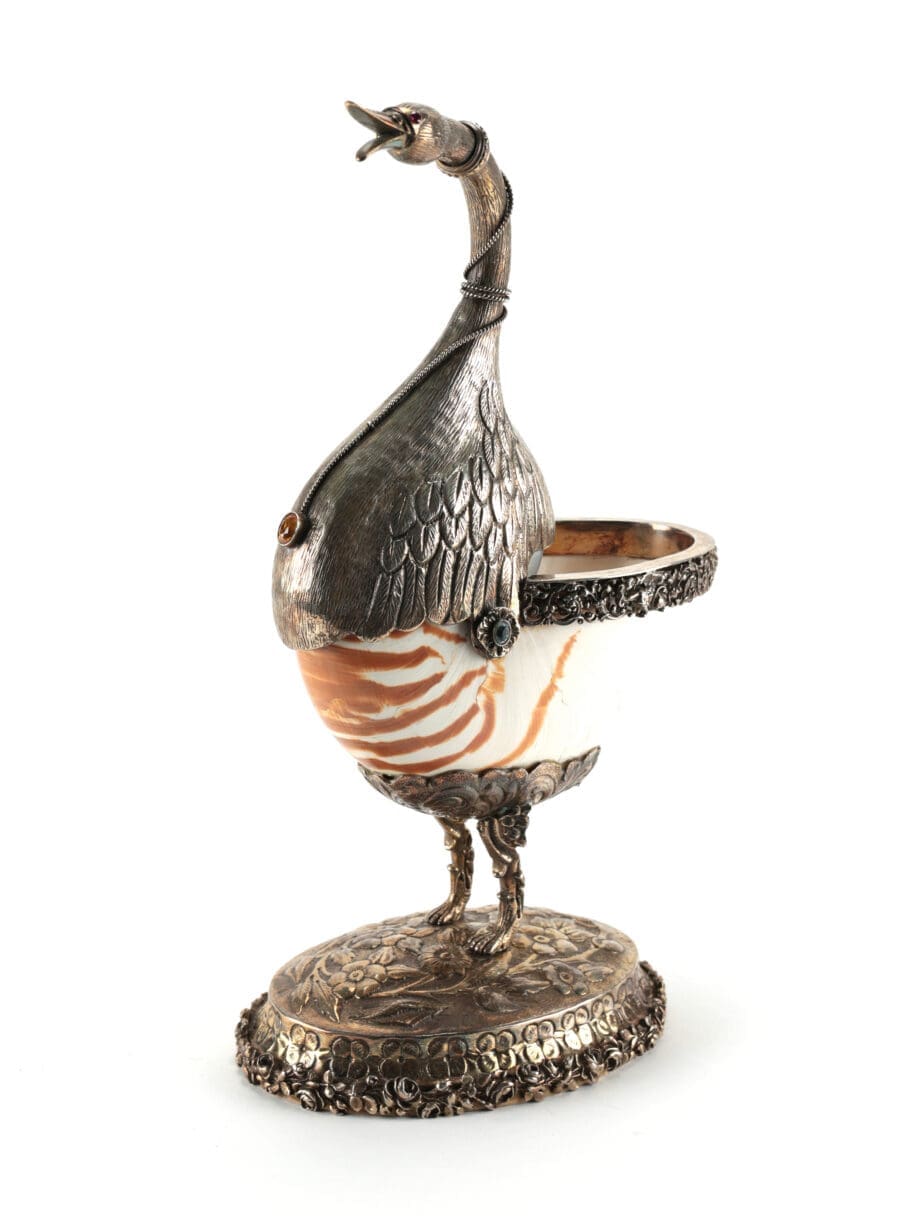 Zilveren Wunderkammer tafelstukken met Nautilusschelp – Hanau Dingeldein (ca. 1900) – Vergulde Kat
