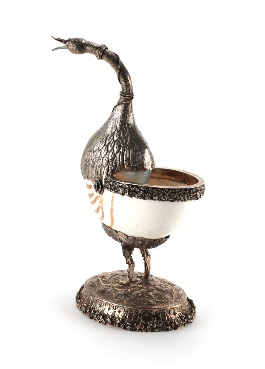 Zilveren Wunderkammer tafelstukken met Nautilusschelp – Hanau Dingeldein (ca. 1900) – Vergulde Kat