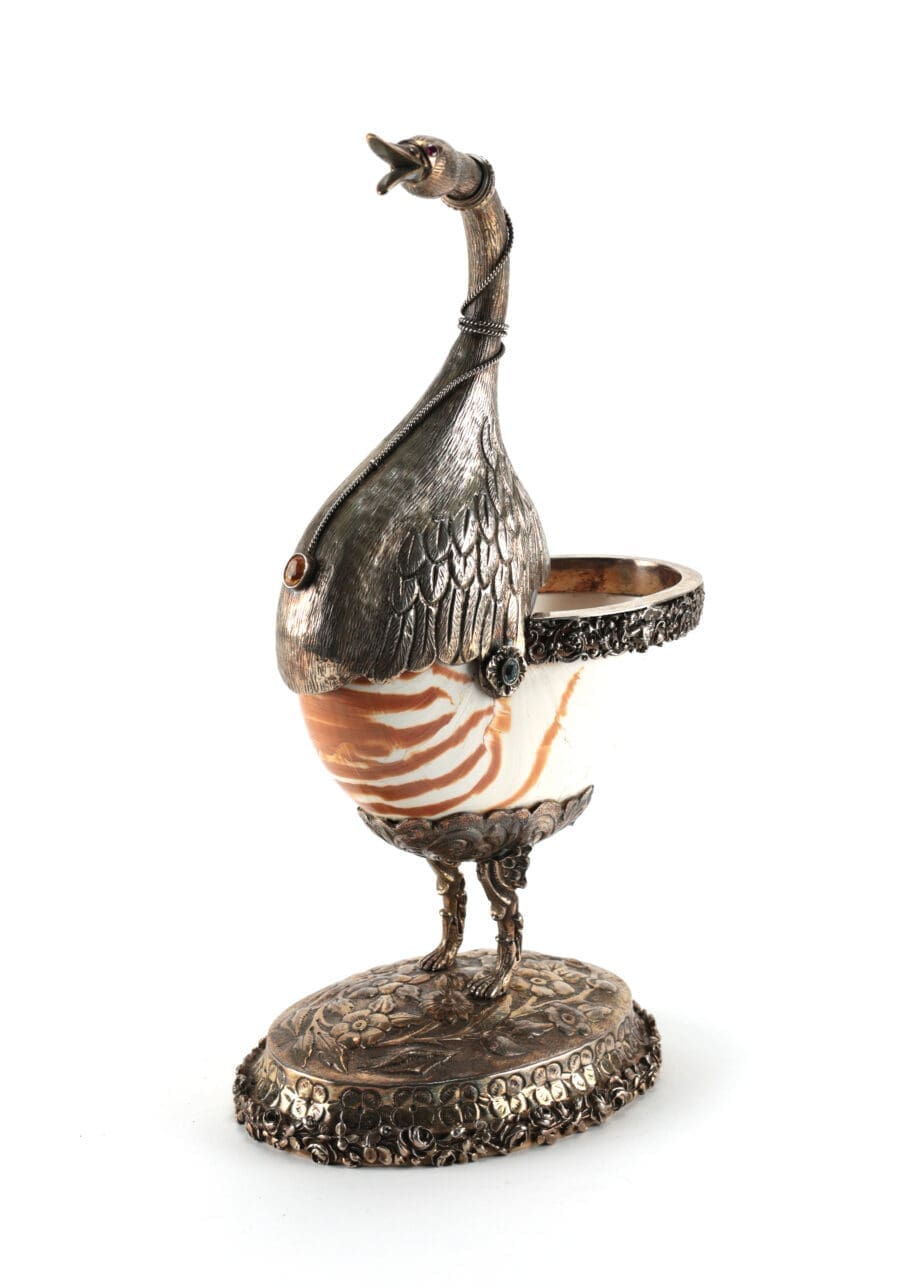 Zilveren Wunderkammer tafelstukken met Nautilusschelp – Hanau Dingeldein (ca. 1900) – Vergulde Kat